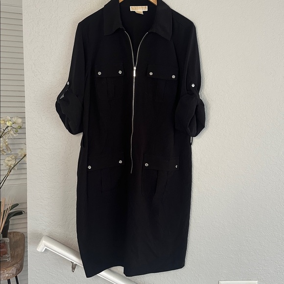 Michael Kors Black Shirt Dress Snap Pockets Zip Front 3/4 Sleeve Size 1X Classic - Picture 1 of 8
